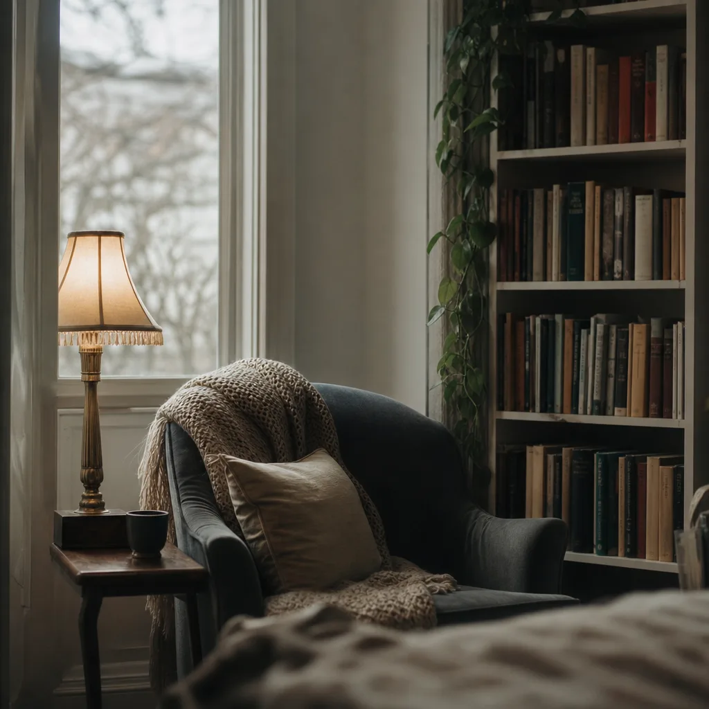 A cosy reading corner with a shelf of well-worn books and soft lamplight
