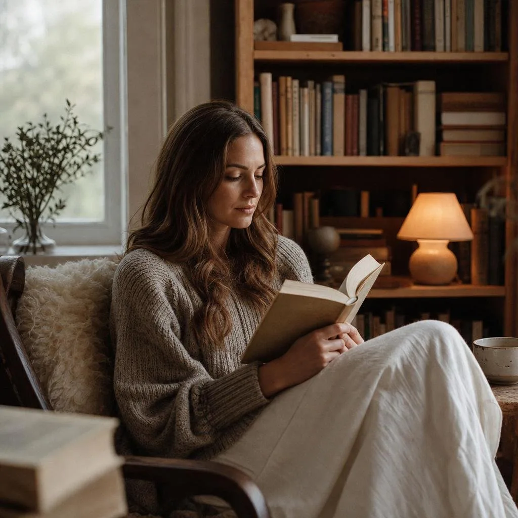 A quiet reading corner with a shelf of well-worn books and warm afternoon light