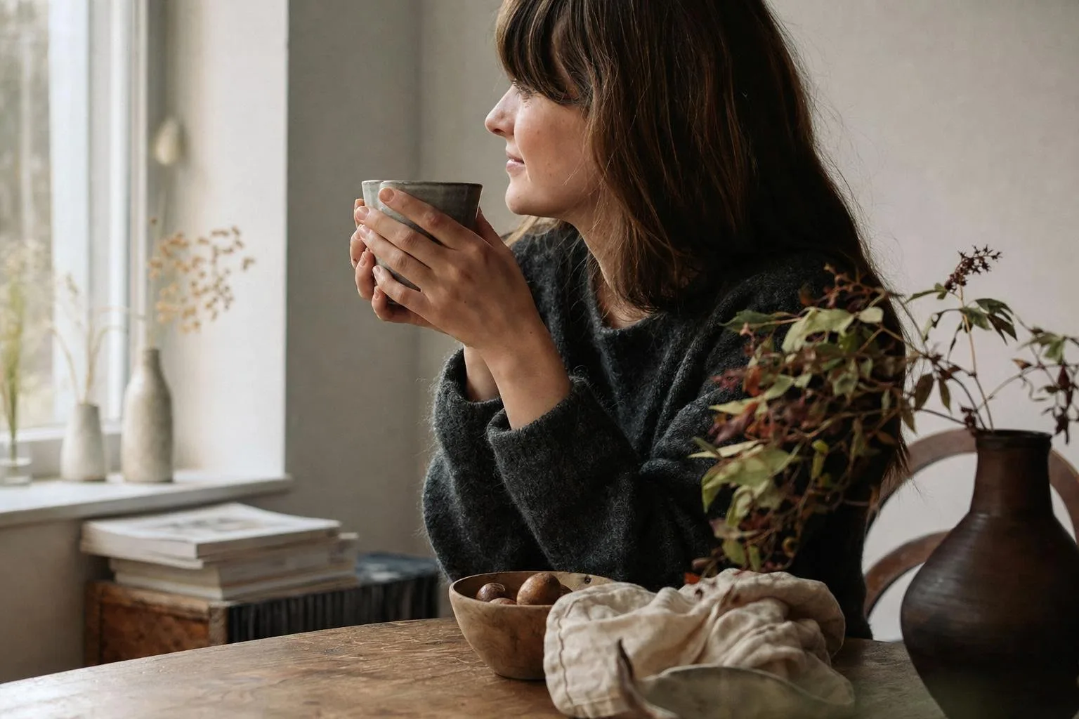A sunlit windowsill with a linen curtain, a mug of tea, and a stem of eucalyptus