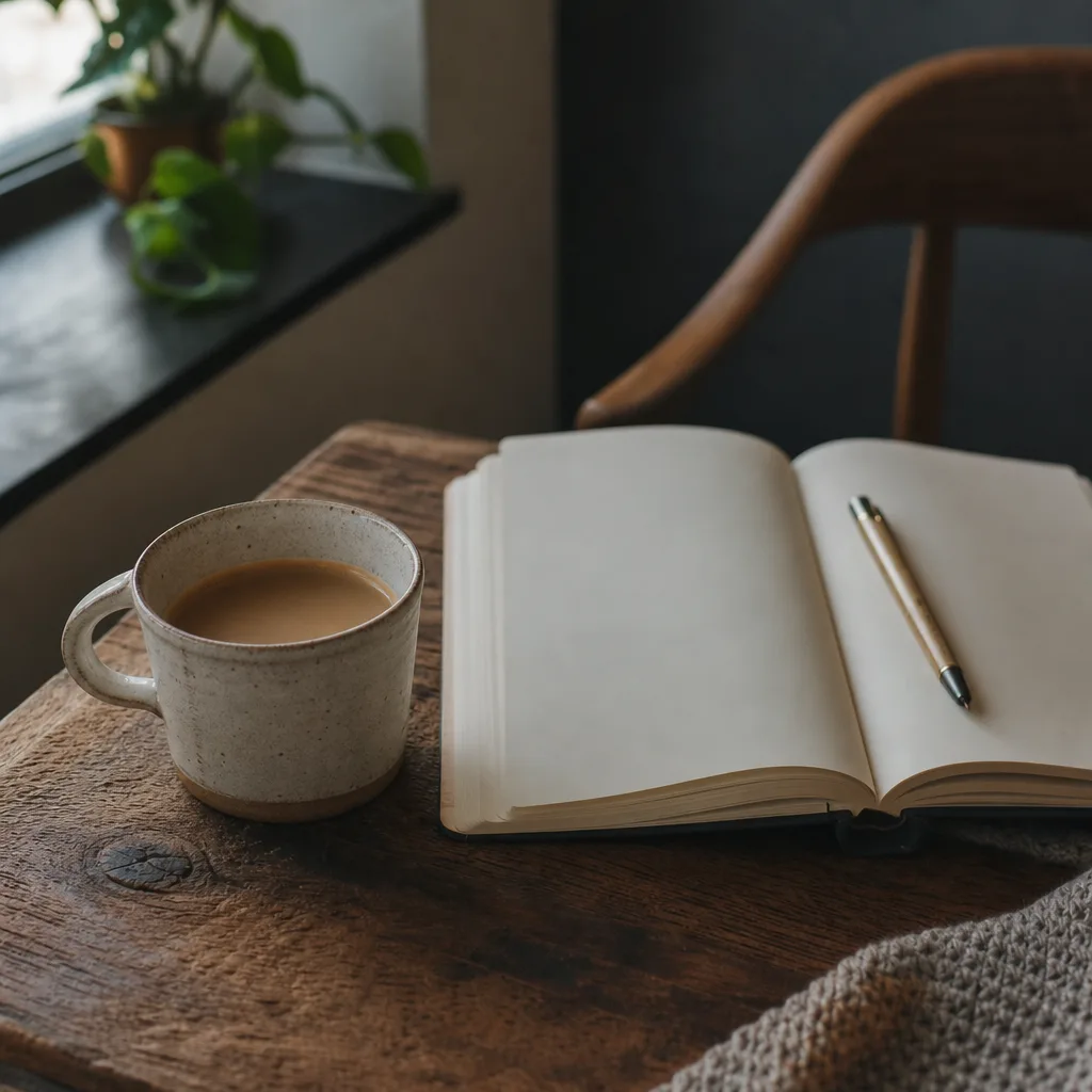 A cup of coffee beside an open notebook on a warm wooden table