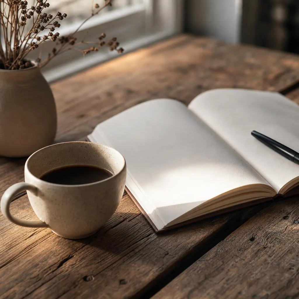 A cup of coffee beside an open book on a warm morning