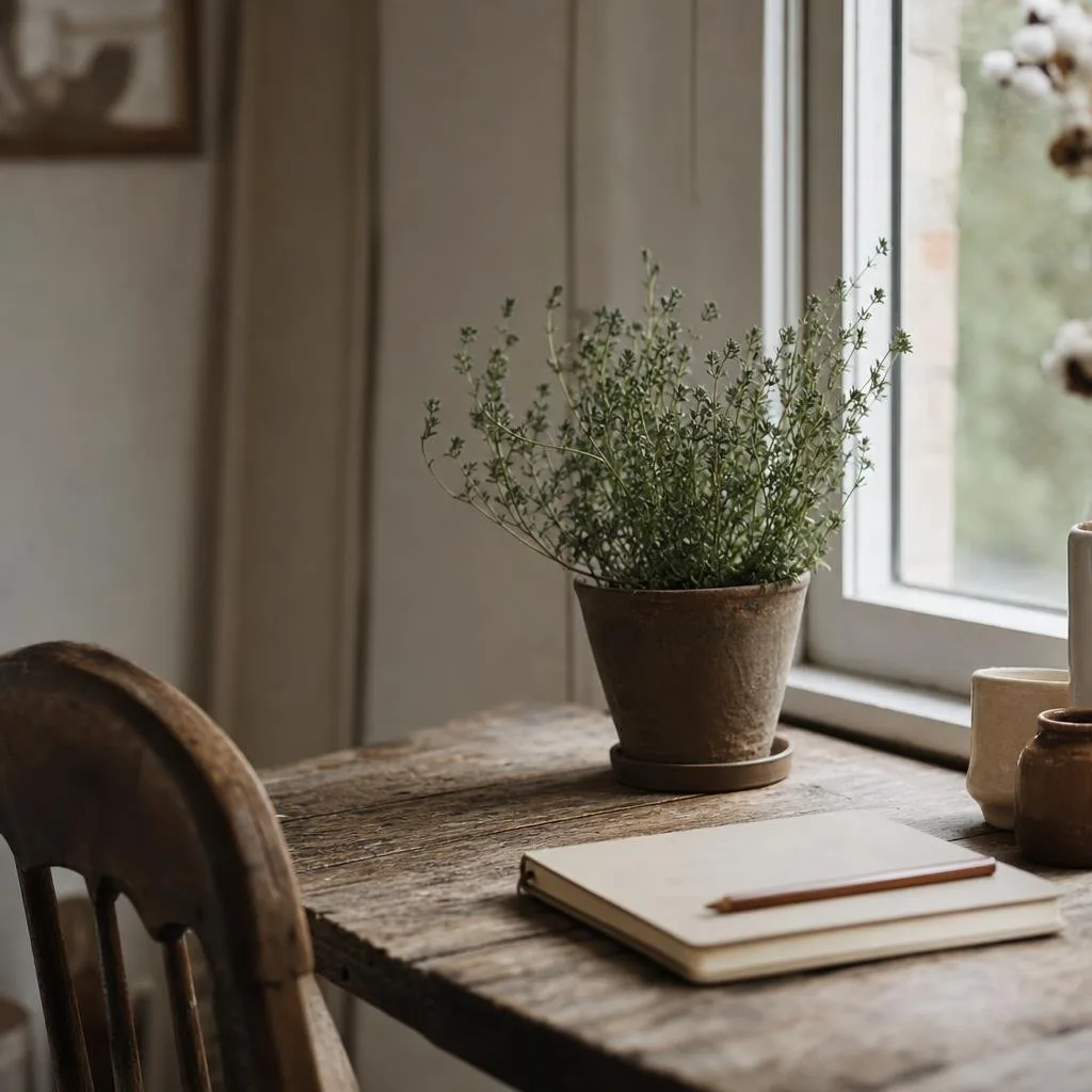 A worn wooden table by a window with a small potted herb and a notebook