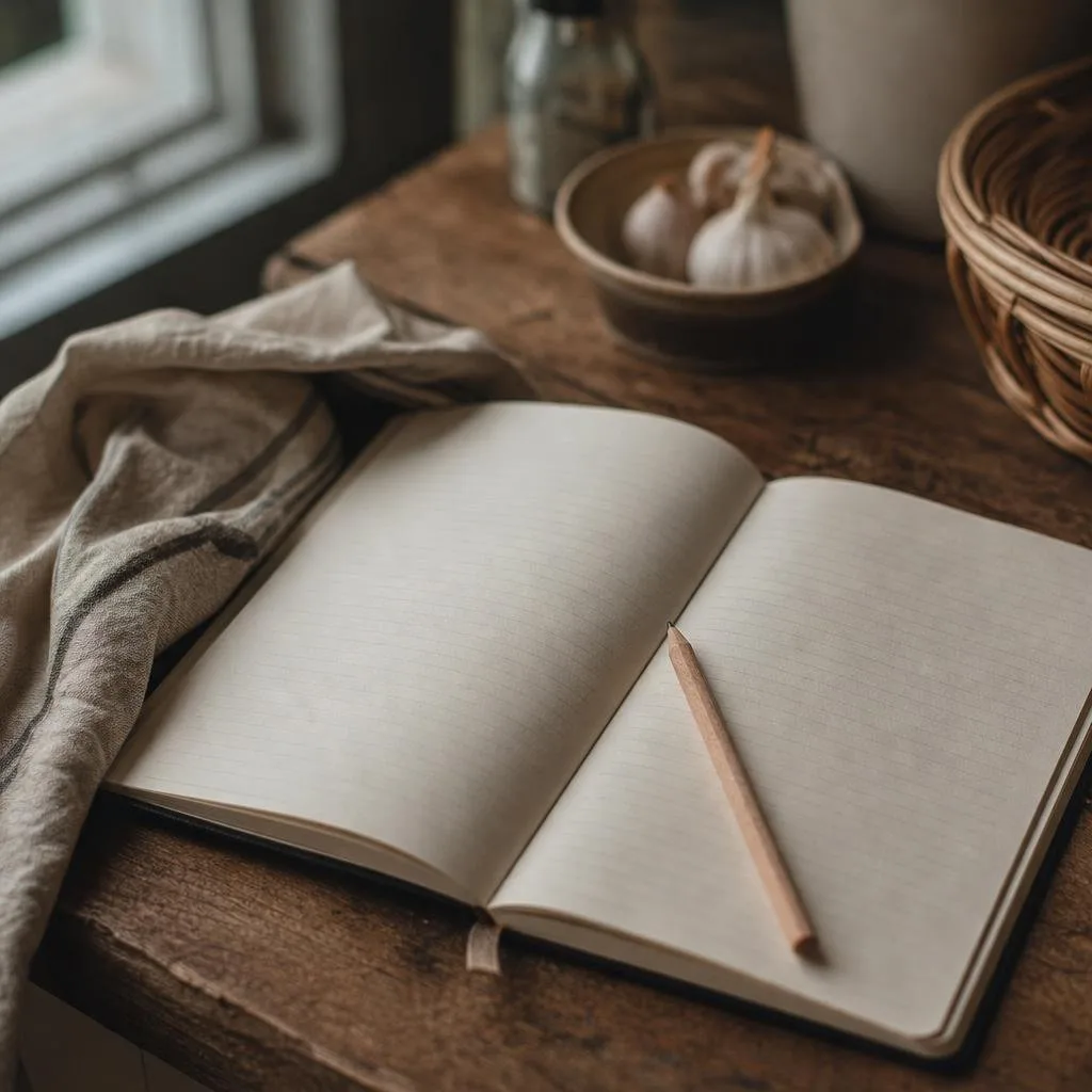 An open notebook with a handwritten grocery list and a pencil